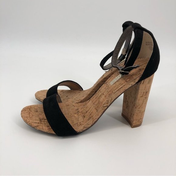 Lov Mark Black & Tan Suede Cork Heels | Adjustable Strap - Picture 4 of 7